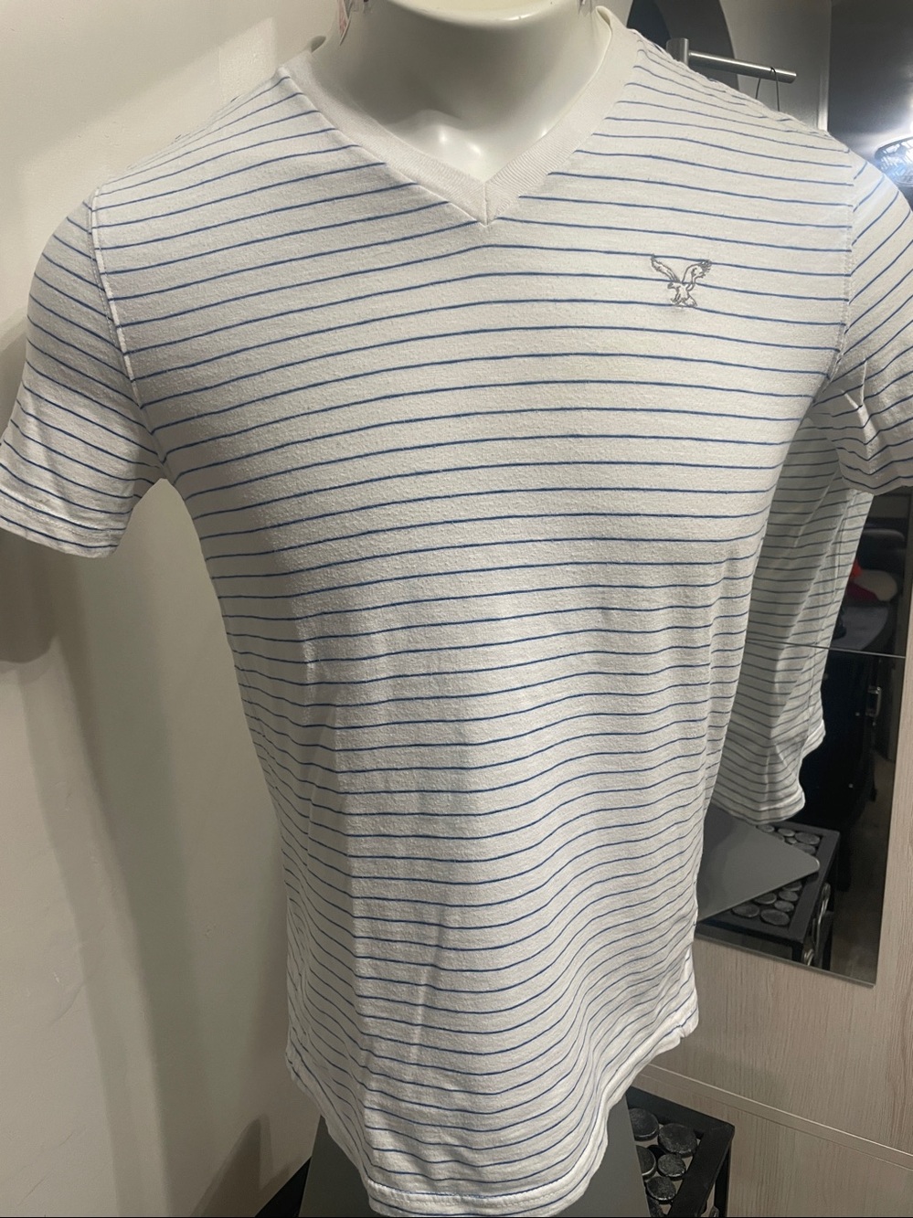 American Eagle Outfitters White V-Neck Tee with Blue Stripes